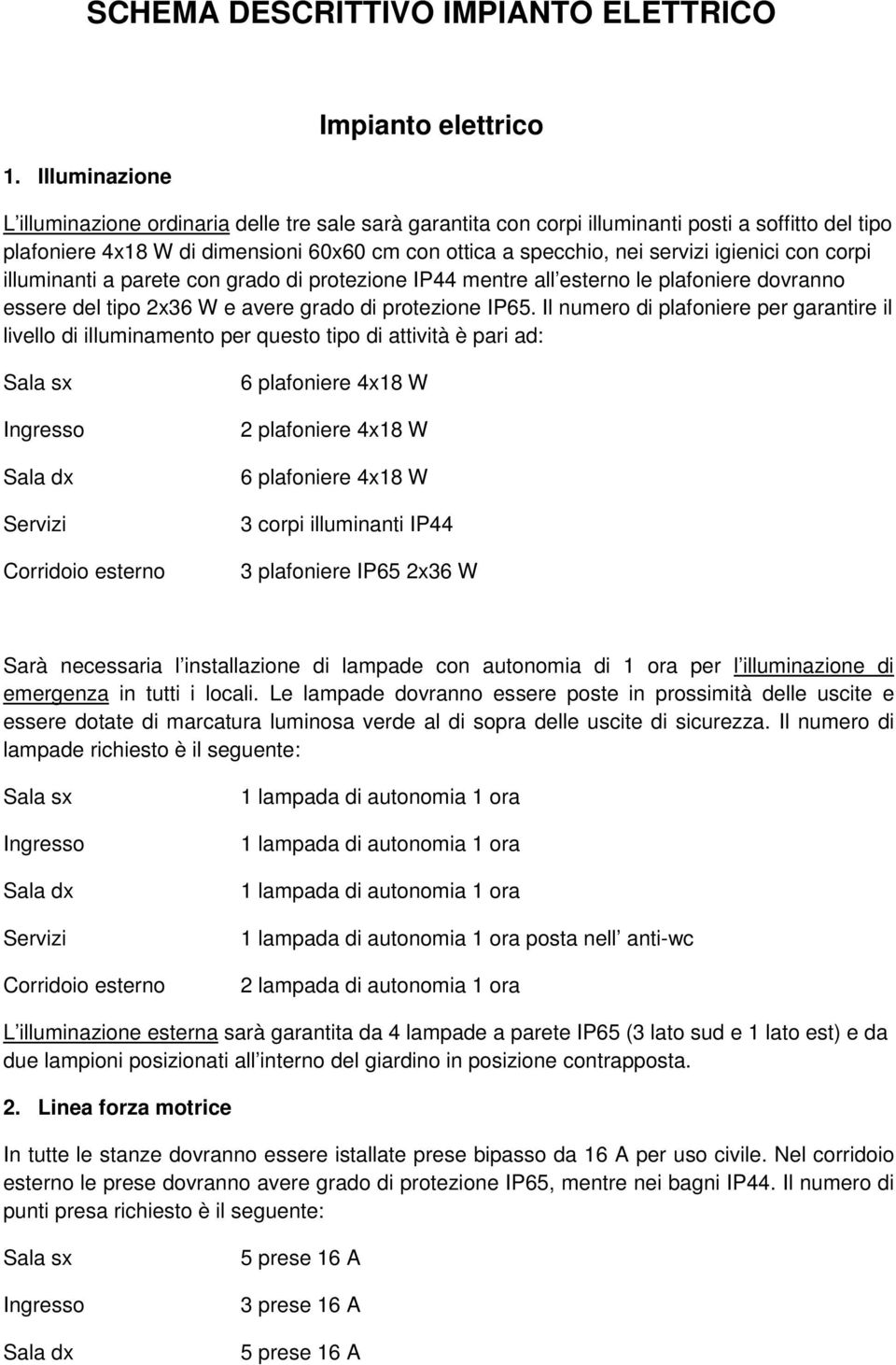 specchio, nei servizi igienici con corpi illuminanti a parete con grado di protezione IP44 mentre all esterno le plafoniere dovranno essere del tipo 2x36 W e avere grado di protezione IP65.