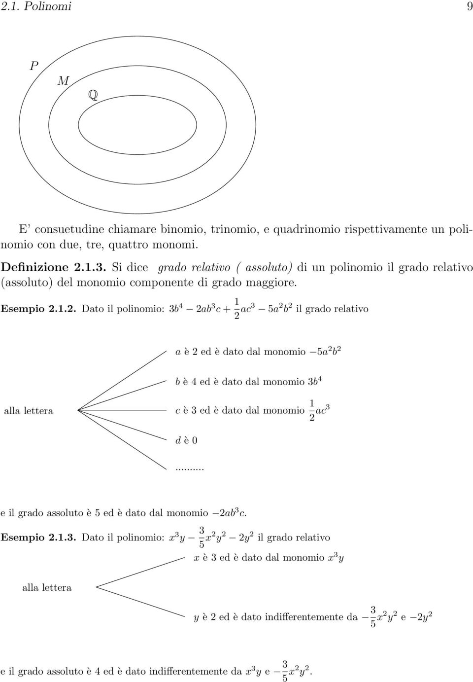 .2. Dato il polinomio: 3b 4 2ab 3 c + 2 ac3 5a 2 b 2 il grado relativo a è 2 ed è dato dal monomio 5a 2 b 2 b è 4 ed è dato dal monomio 3b 4 alla lettera c è 3 ed è dato dal monomio 2 ac3 d è 0.