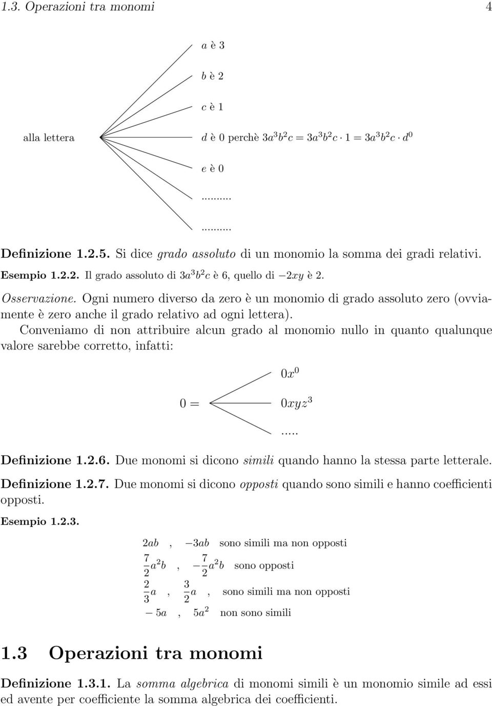 Ogni numero diverso da zero è un monomio di grado assoluto zero ovviamente è zero anche il grado relativo ad ogni lettera).