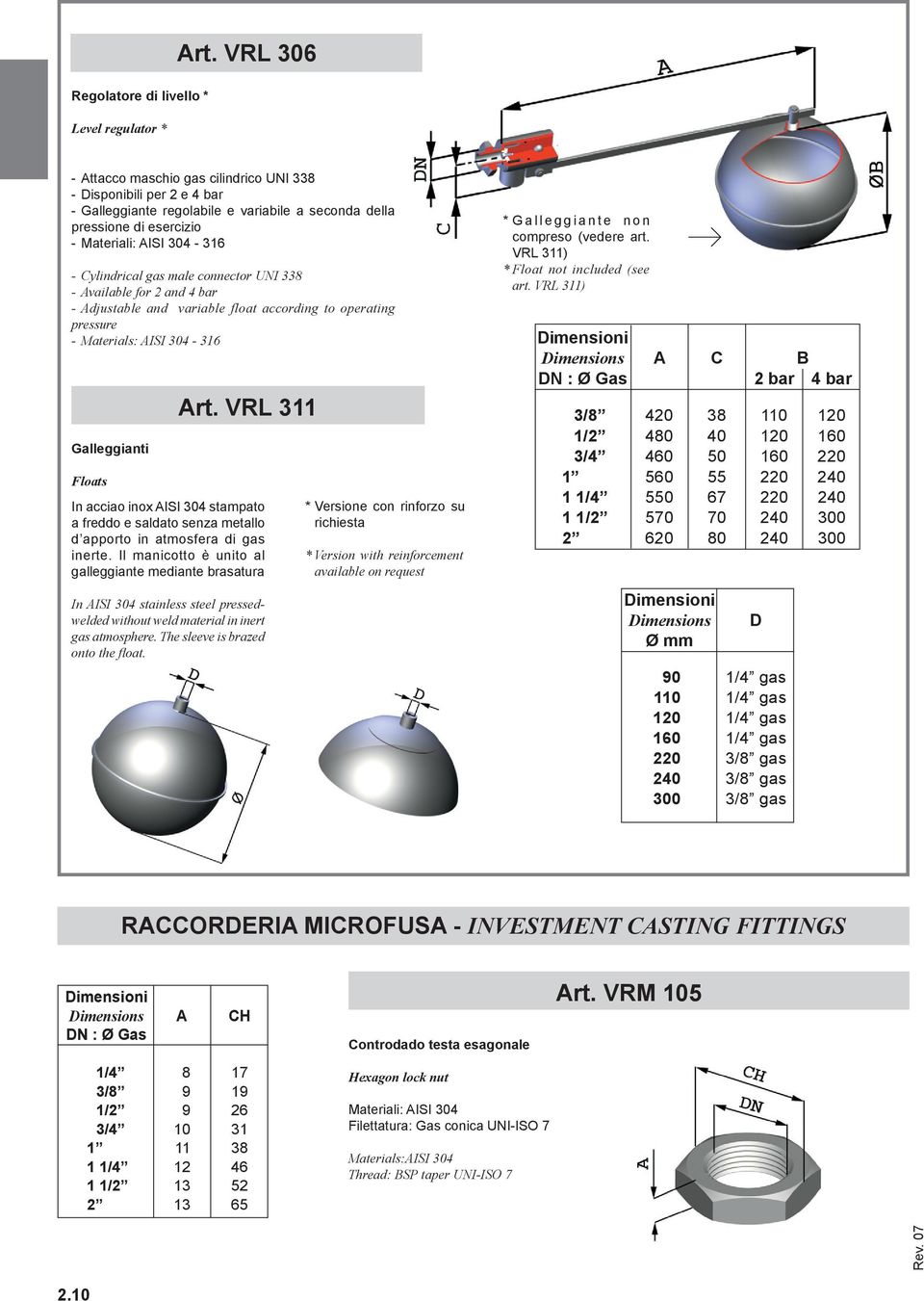 Available for 2 and 4 bar - Adjustable and variable float according to operating pressure - Materials: AISI 304-316 Galleggianti Art.