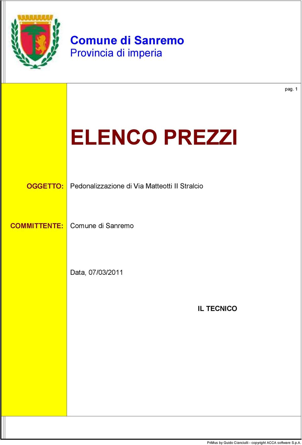 II Stralcio COMMITTENTE: Comune Sanremo Data,