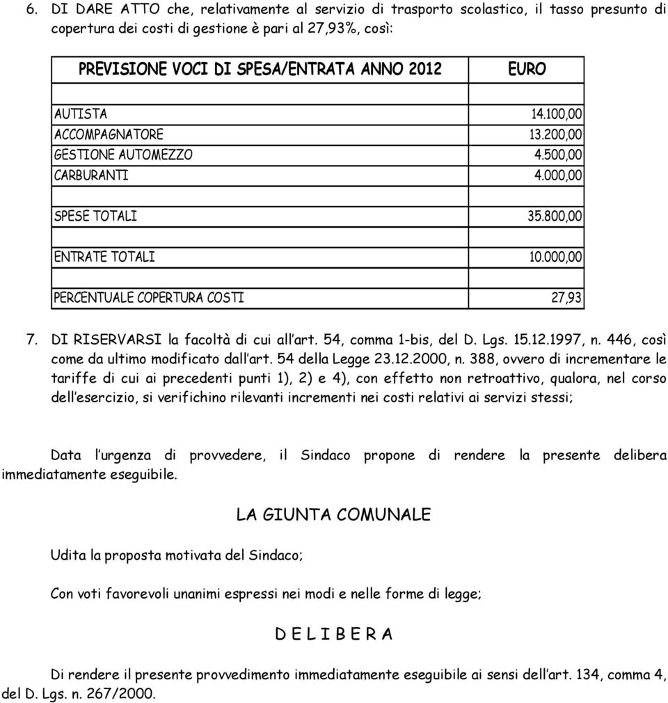 DI RISERVARSI la facoltà di cui all art. 54, comma 1-bis, del D. Lgs. 15.12.1997, n. 446, così come da ultimo modificato dall art. 54 della Legge 23.12.2000, n.