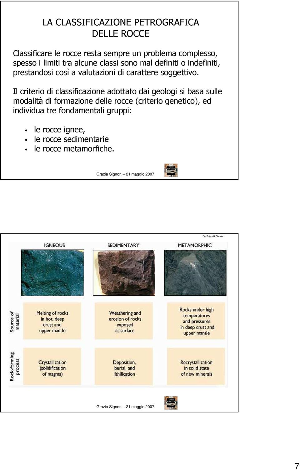 Il criterio di classificazione adottato dai geologi si basa sulle modalità di formazione delle rocce (criterio