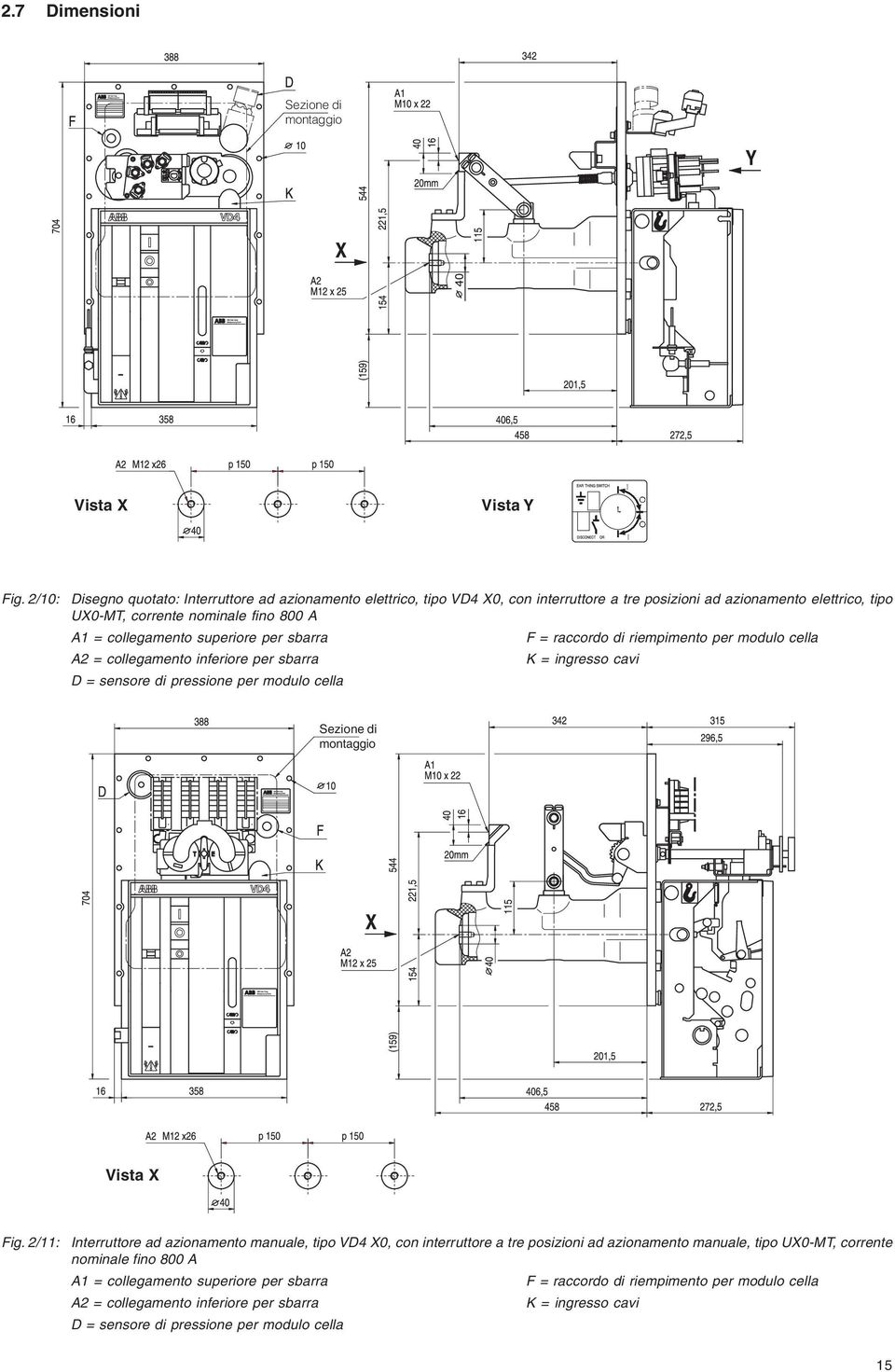 superiore per sbarra F = raccordo di riempimento per modulo cella A2 = collegamento inferiore per sbarra K = ingresso cavi D = sensore di pressione per modulo cella Sezione di montaggio Vista X Fig.