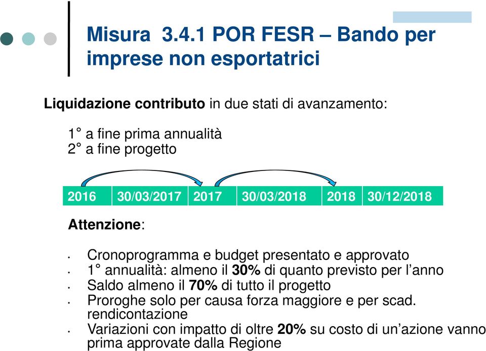 fine progetto 2016 30/03/2017 2017 30/03/2018 2018 30/12/2018 Attenzione: Cronoprogramma e budget presentato e approvato 1