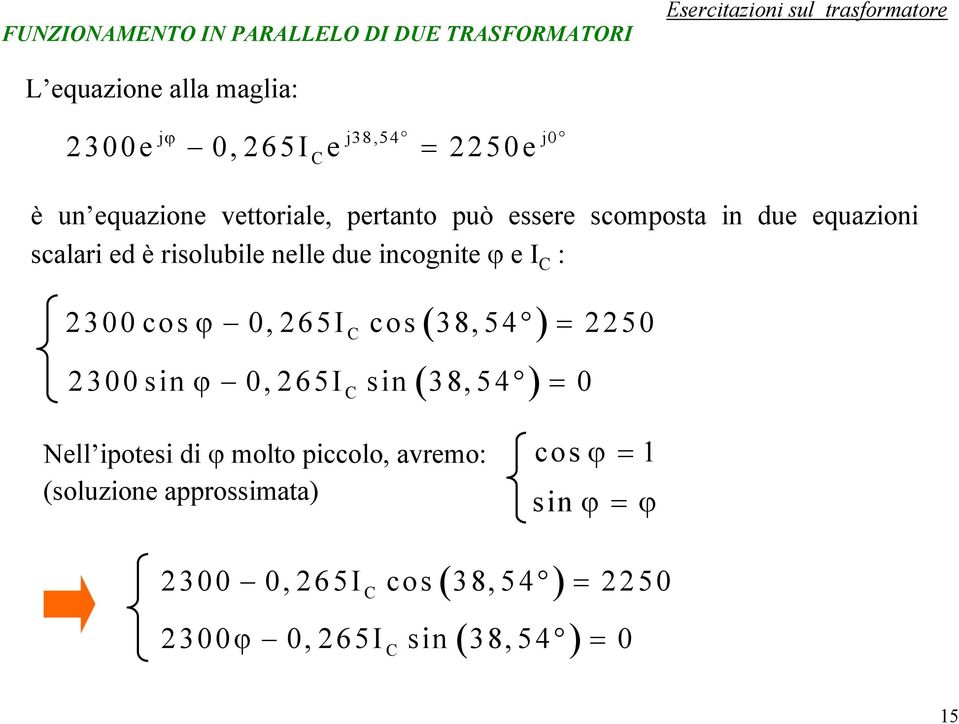 incognite ϕ e : ( ) 2300 cos ϕ 0,265 cos 38,54 = 2250 ( ) 2300sin ϕ 0,265 sin 38,54 = 0 Nell ipotesi di ϕ molto