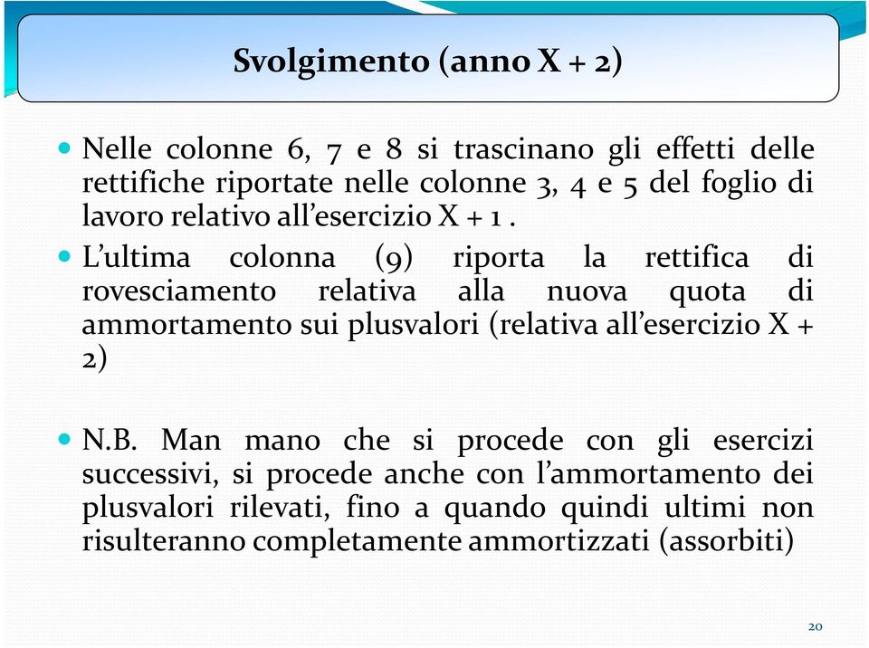 L ultima colonna (9) riporta la rettifica di rovesciamento relativa alla nuova quota di ammortamento sui plusvalori (relativa all