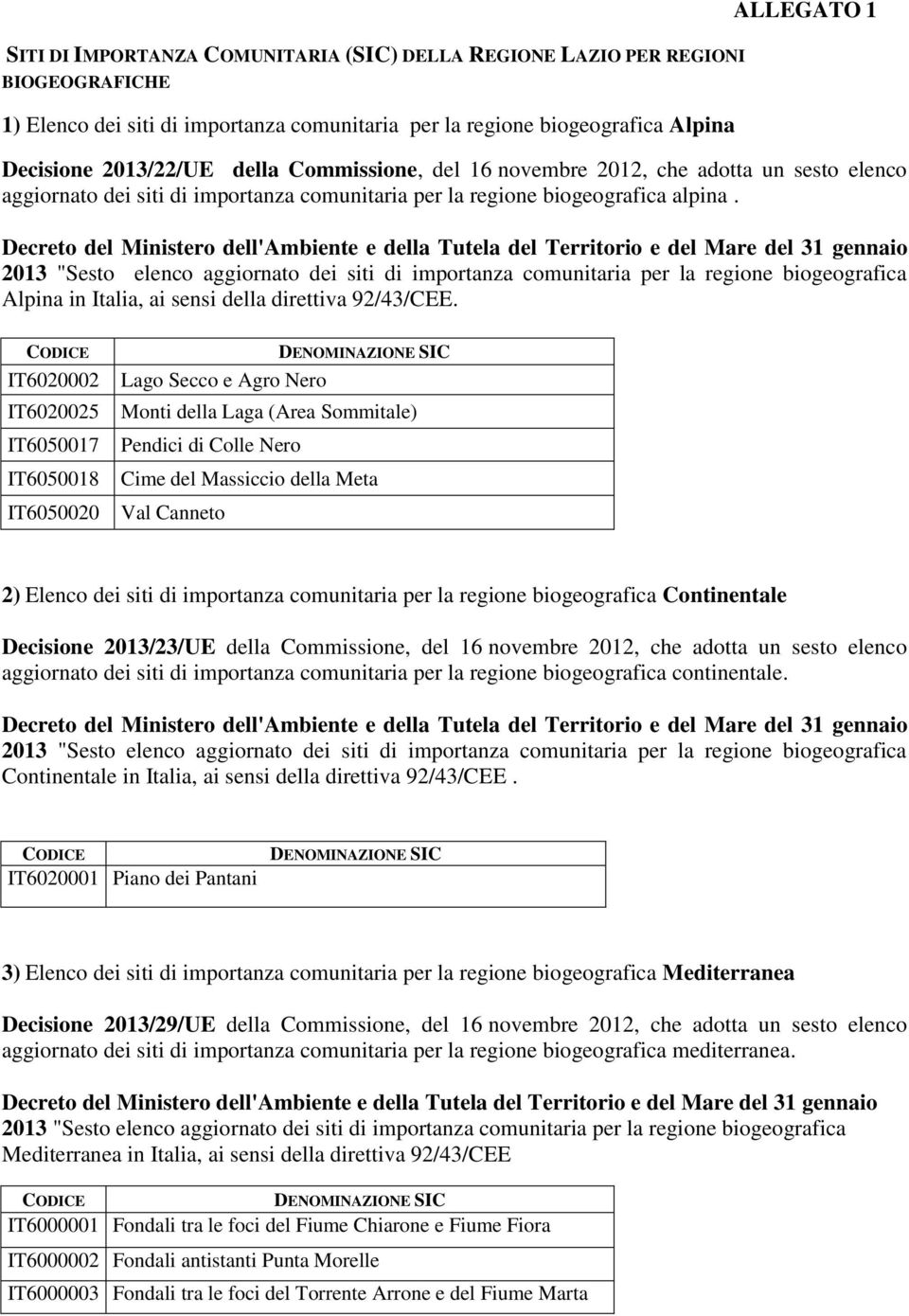 Decreto del Ministero dell'ambiente e della Tutela del Territorio e del Mare del 31 gennaio 2013 "Sesto elenco aggiornato dei siti di importanza comunitaria per la regione biogeografica Alpina in