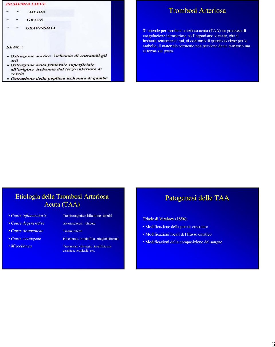 Etiologia della Trombosi Arteriosa Acuta (TAA) Patogenesi delle TAA Cause infiammatorie Cause degenerative Cause traumatiche Cause ematogene Miscellanea Tromboangioite obliterante, arteriti