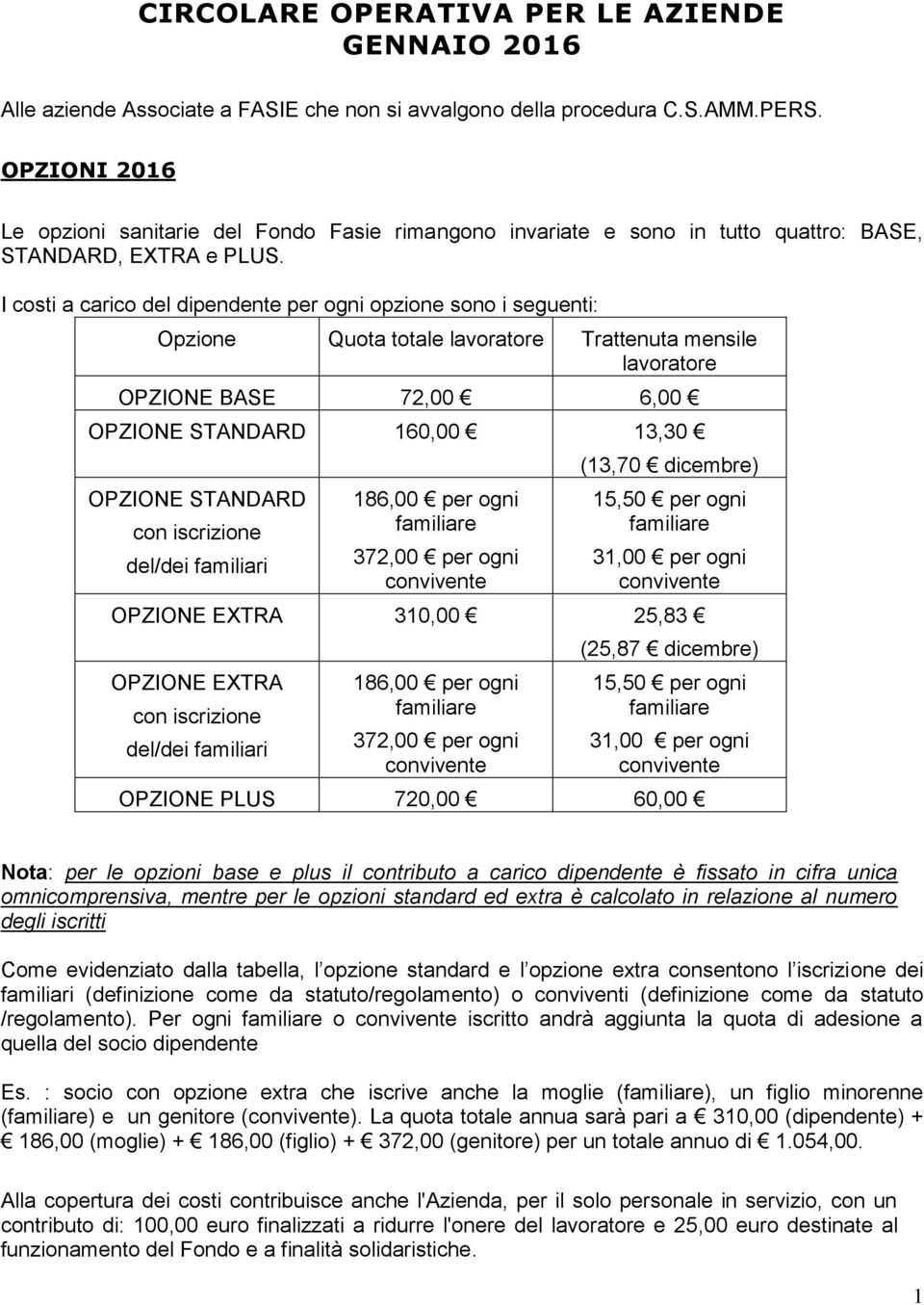 I costi a carico del dipendente per ogni opzione sono i seguenti: Opzione Quota totale lavoratore Trattenuta mensile lavoratore OPZIONE BASE 72,00 6,00 OPZIONE STANDARD 160,00 13,30 OPZIONE STANDARD