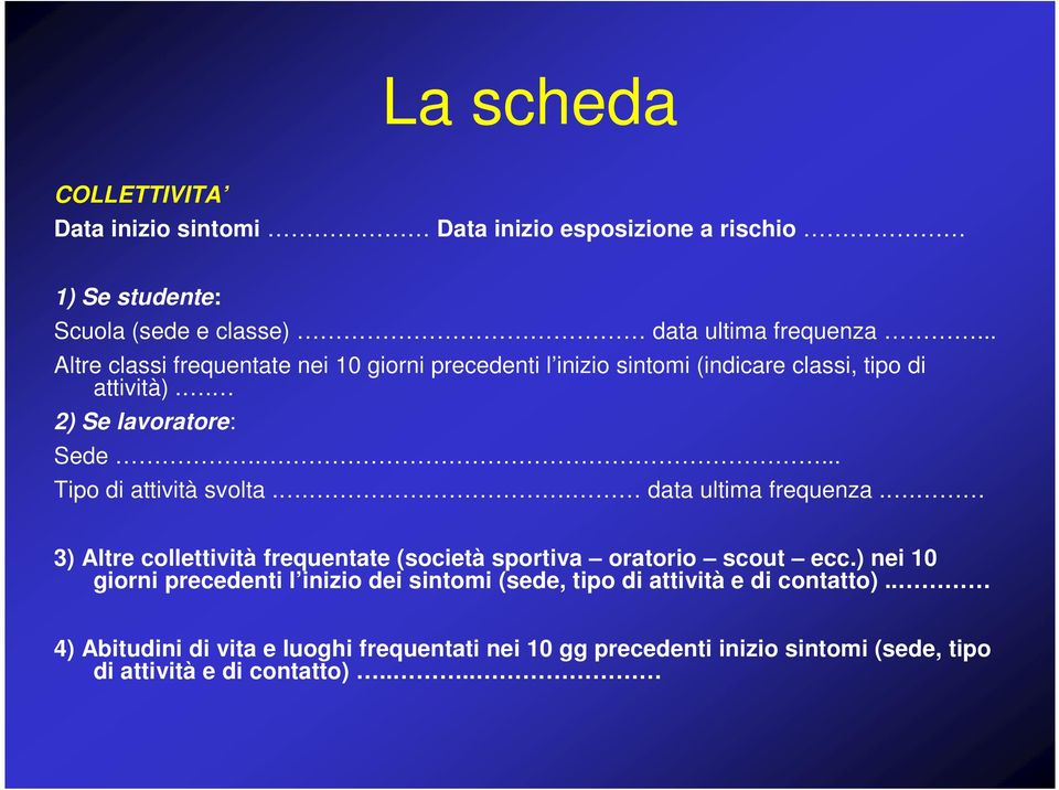 ... Tipo di attività svolta... data ultima frequenza.. 3) Altre collettività frequentate (società sportiva oratorio scout ecc.