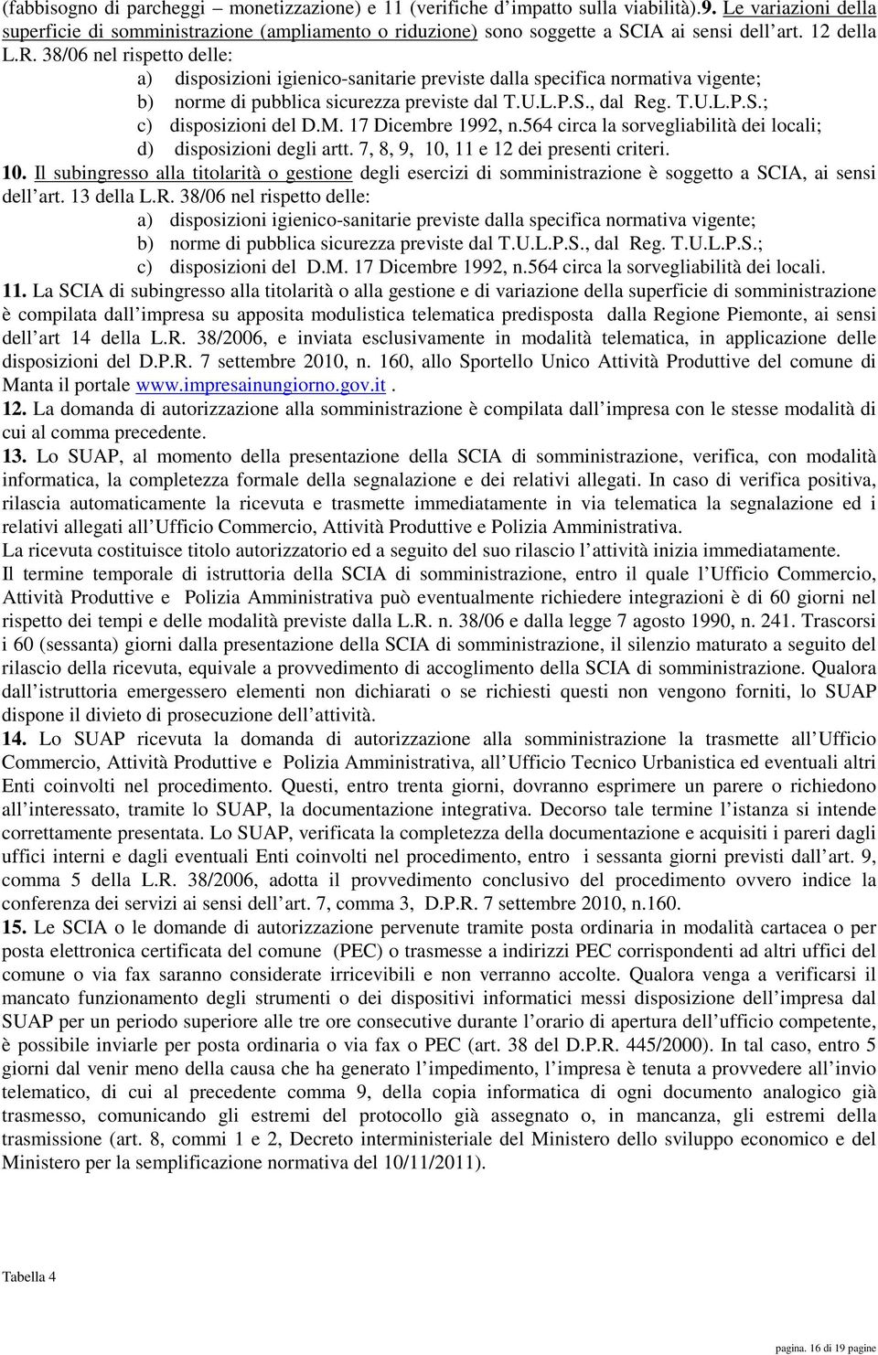 38/06 nel rispetto delle: a) disposizioni igienico-sanitarie previste dalla specifica normativa vigente; b) norme di pubblica sicurezza previste dal T.U.L.P.S., dal Reg. T.U.L.P.S.; c) disposizioni del D.