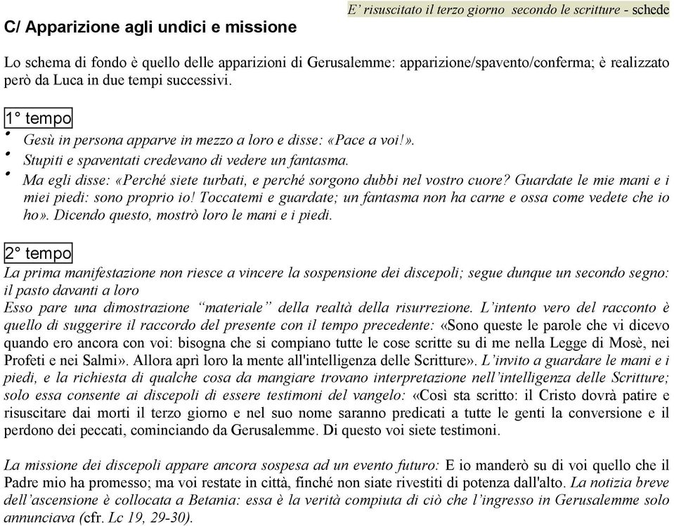 Ma egli disse: «Perché siete turbati, e perché sorgono dubbi nel vostro cuore? Guardate le mie mani e i miei piedi: sono proprio io!