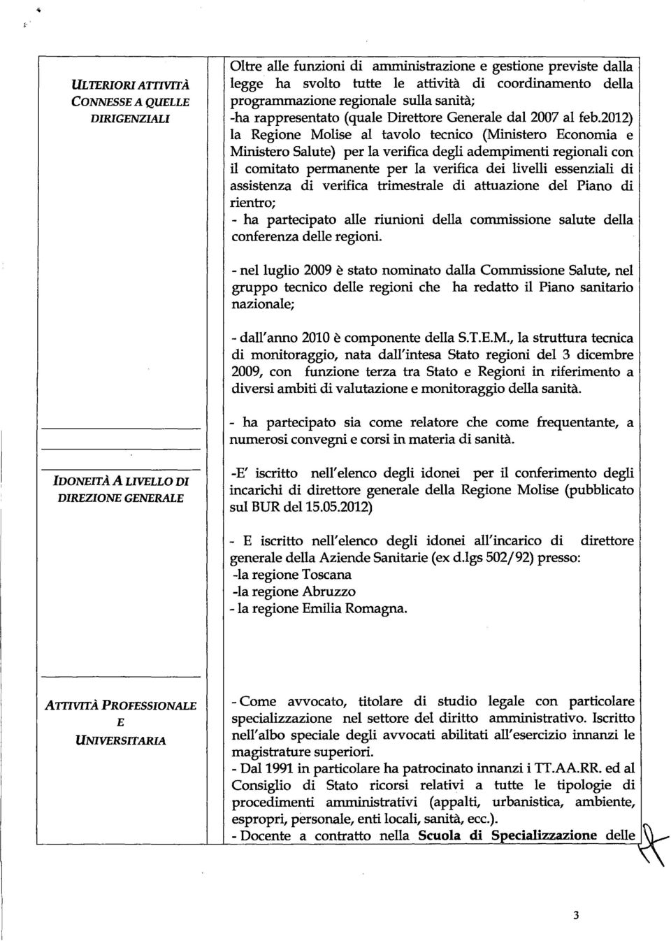 2012) la Regione Molise al tavolo tecnico (Ministero Economia e Ministero Salute) per la verifica degli adempimenti regionali con il comitato permanente per la verifica dei livelli essenziali di