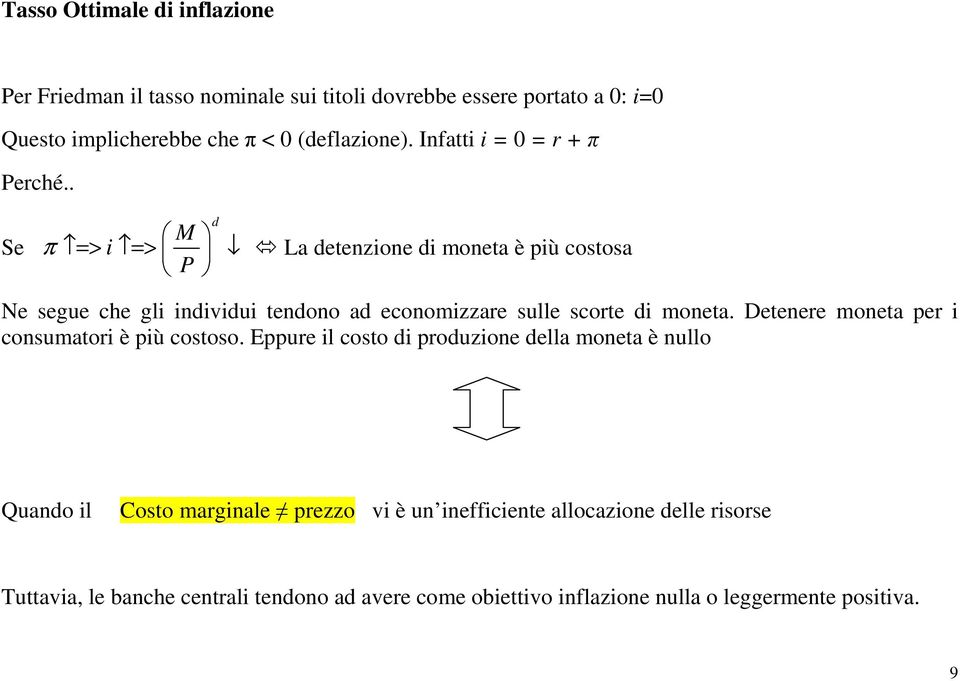 . Se M π => i => P d La detenzione di moneta è più costosa Ne segue che gli individui tendono ad economizzare sulle scorte di moneta.