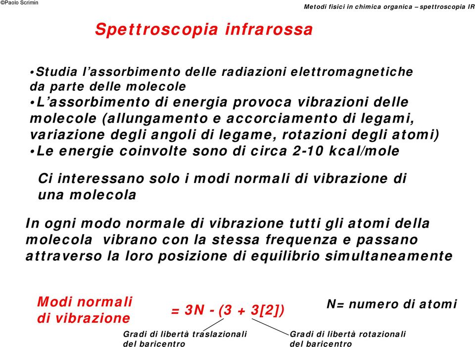 modi normali di vibrazione di una molecola In ogni modo normale di vibrazione tutti gli atomi della molecola vibrano con la stessa frequenza e passano attraverso la loro