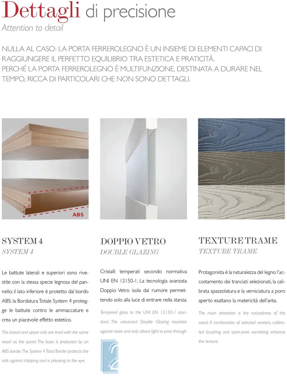 ABS SYSTEM 4 SYSTEM 4 DOPPIO VETRO DOUBLE GLAZING TEXTURE TRAME TEXTURE TRAME Le battute laterali e superiori sono rivestite con la stessa specie legnosa del pannello; il lato inferiore è protetto