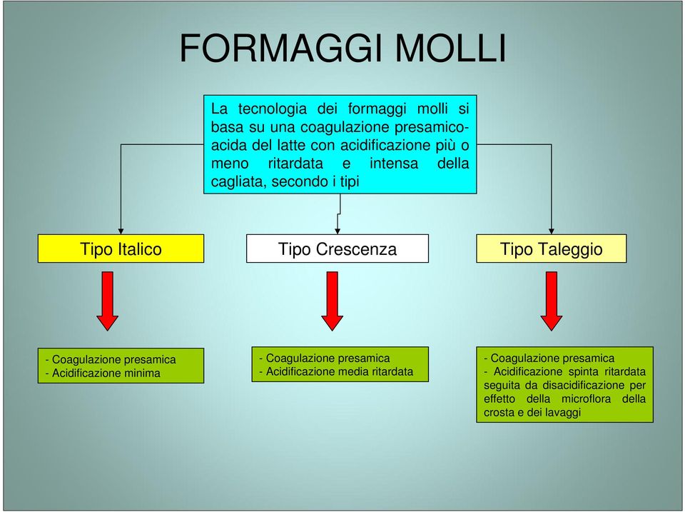 - Coagulazione presamica - Acidificazione minima - Coagulazione presamica - Acidificazione media ritardata -