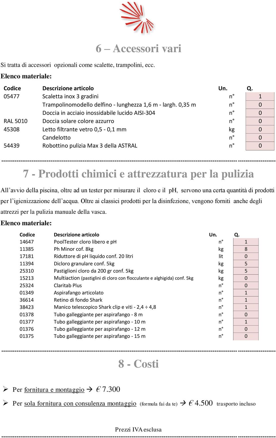 ASTRAL n 0 7 - Prodotti chimici e attrezzatura per la pulizia All avvio della piscina, oltre ad un tester per misurare il cloro e il ph, servono una certa quantità di prodotti per l igienizzazione