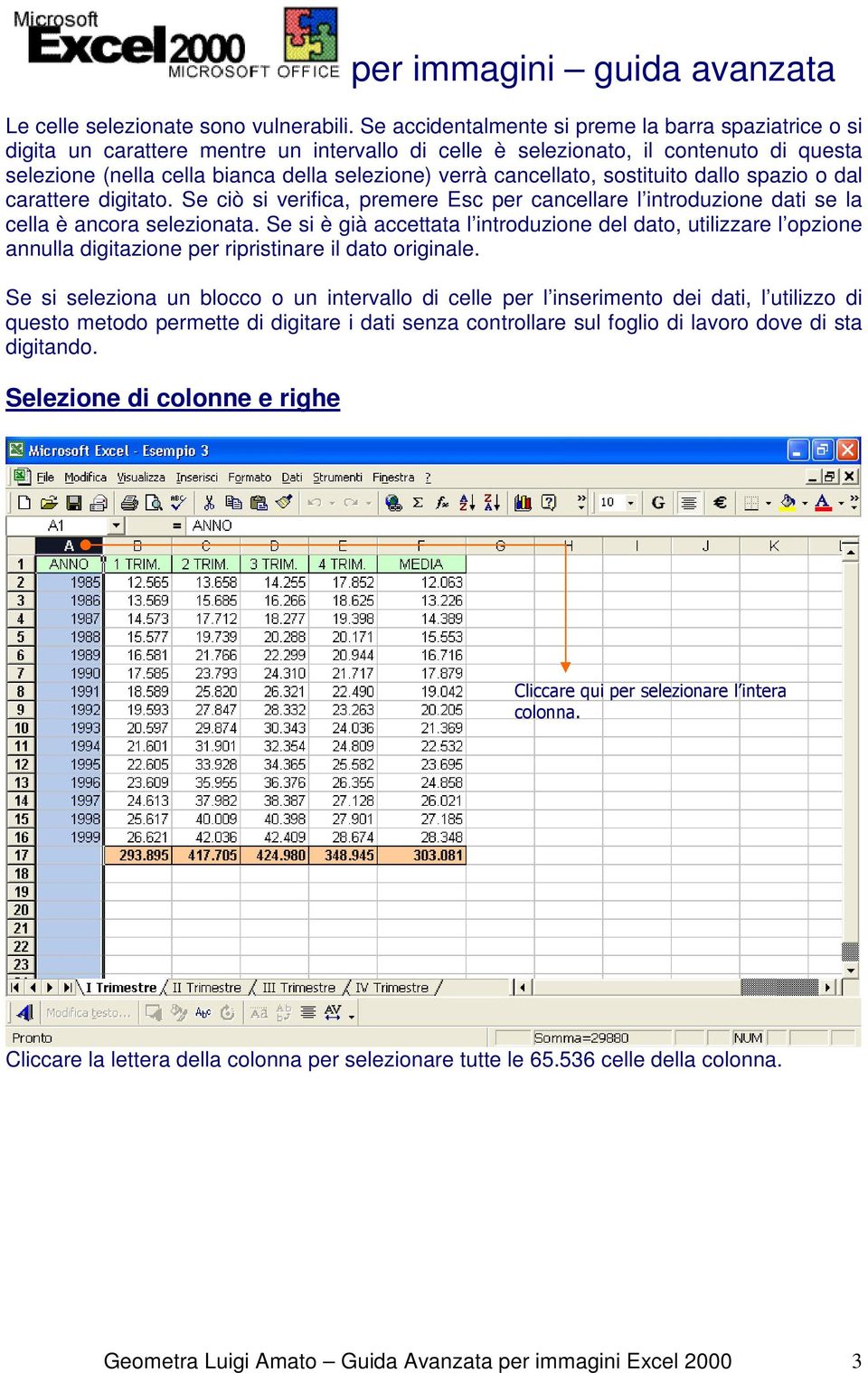 cancellato, sostituito dallo spazio o dal carattere digitato. Se ciò si verifica, premere Esc per cancellare l introduzione dati se la cella è ancora selezionata.