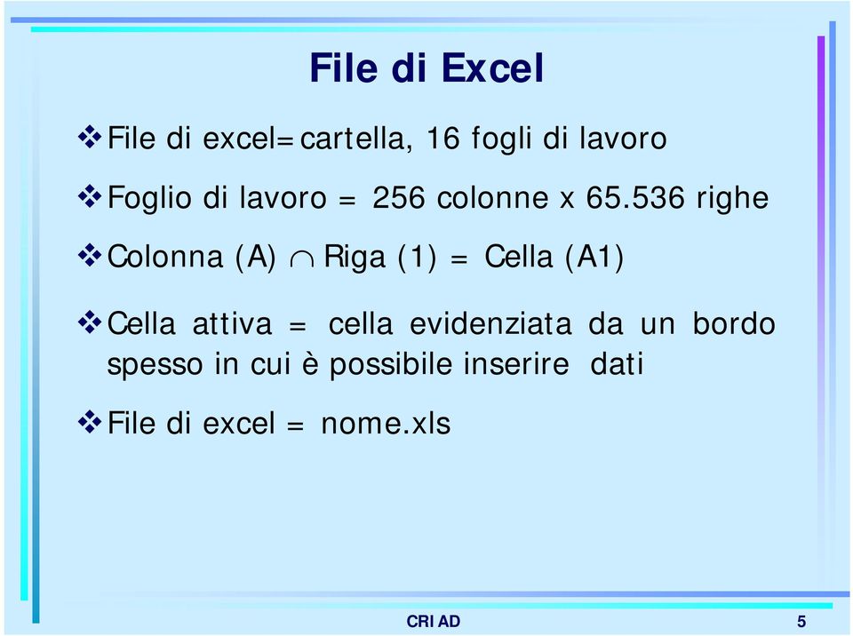 536 righe Colonna (A) Riga (1) = Cella (A1) Cella attiva =