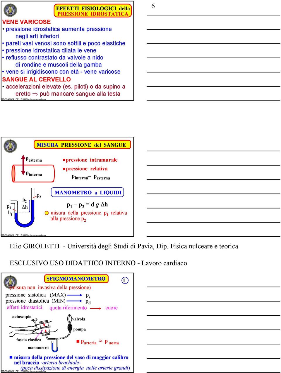 piloti) o da supino a eretto può mancare sangue alla testa 6 MISURA PRESSIONE del SANGUE p esterna p interna pressione intramurale pressione relativa p interna p esterna p 1 h 1 h 2 h p 2 MANOMETRO a
