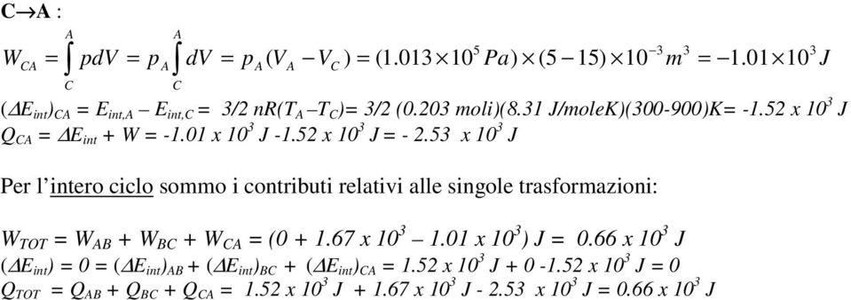 5 x 10 J Per l intero ciclo sommo i contributi relativi alle singole trasformazioni: W TOT = W + W + W = (0 + 1.67 x 10 1.