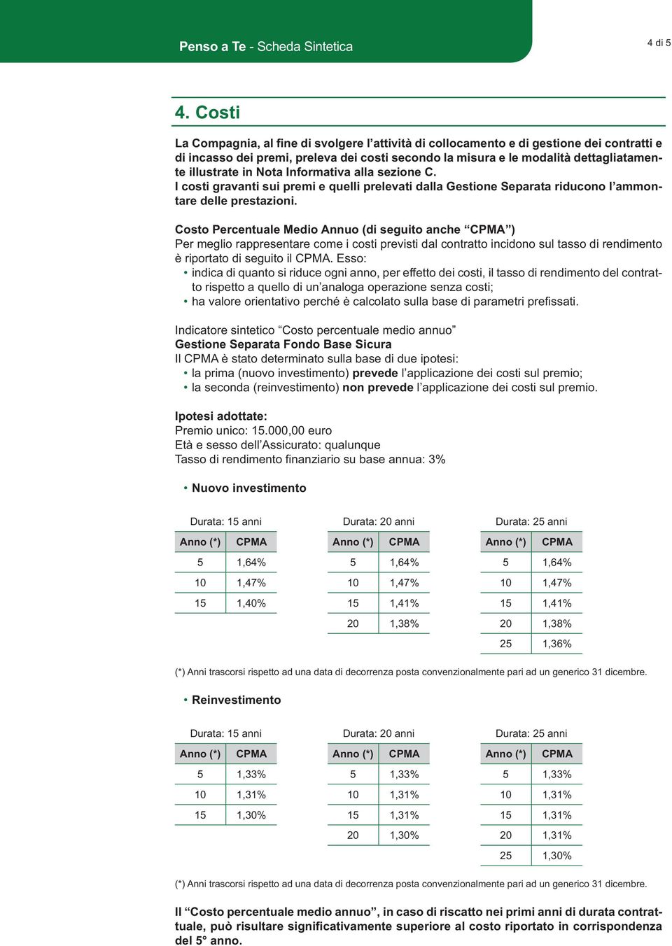 Nota Informativa alla sezione C. I costi gravanti sui premi e quelli prelevati dalla Gestione Separata riducono l ammontare delle prestazioni.