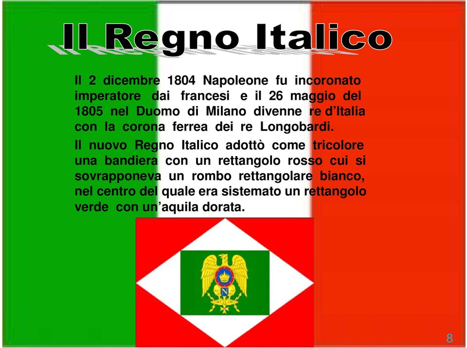 Il nuovo Regno Italico adottò come tricolore una bandiera con un rettangolo rosso cui si