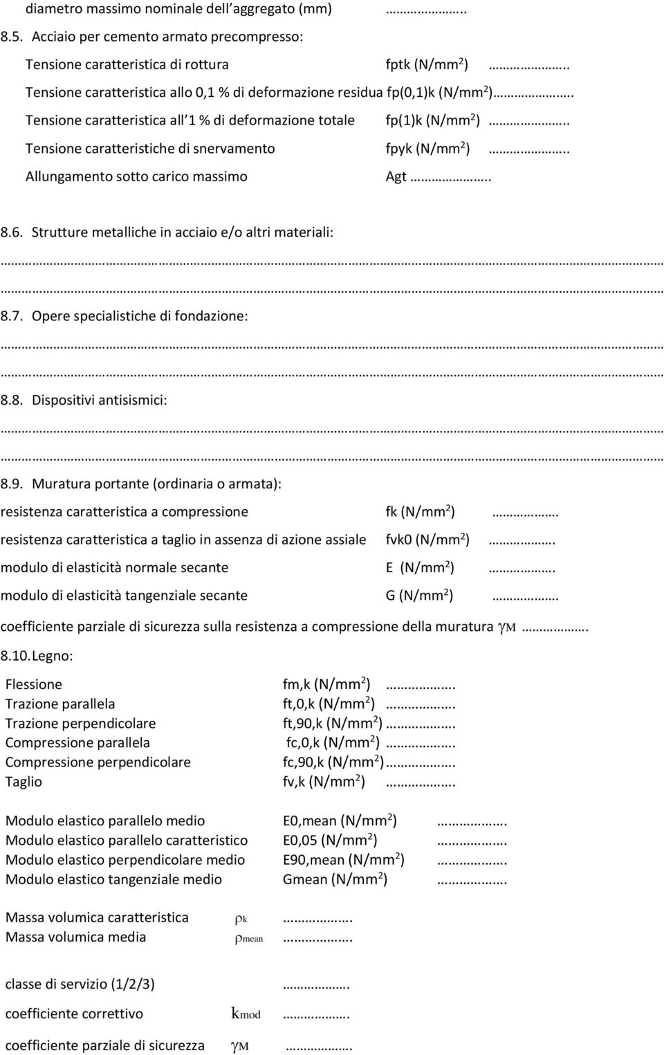 % di deformazione totale fp(1)k (N/mm 2 ) Tensione caratteristiche di snervamento fpyk (N/mm 2 ) Allungamento sotto carico massimo Agt 8.6. Strutture metalliche in acciaio e/o altri materiali: 8.7.