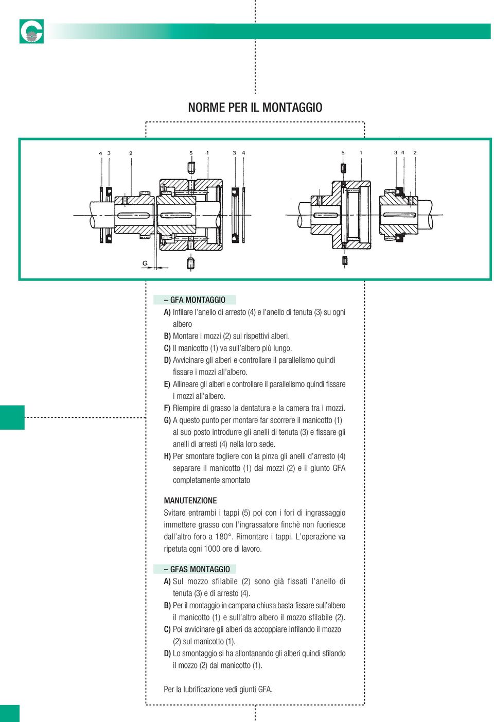 E) Allineare gli alberi e controllare il parallelismo quindi fissare i mozzi all albero. F) Riempire di grasso la dentatura e la camera tra i mozzi.