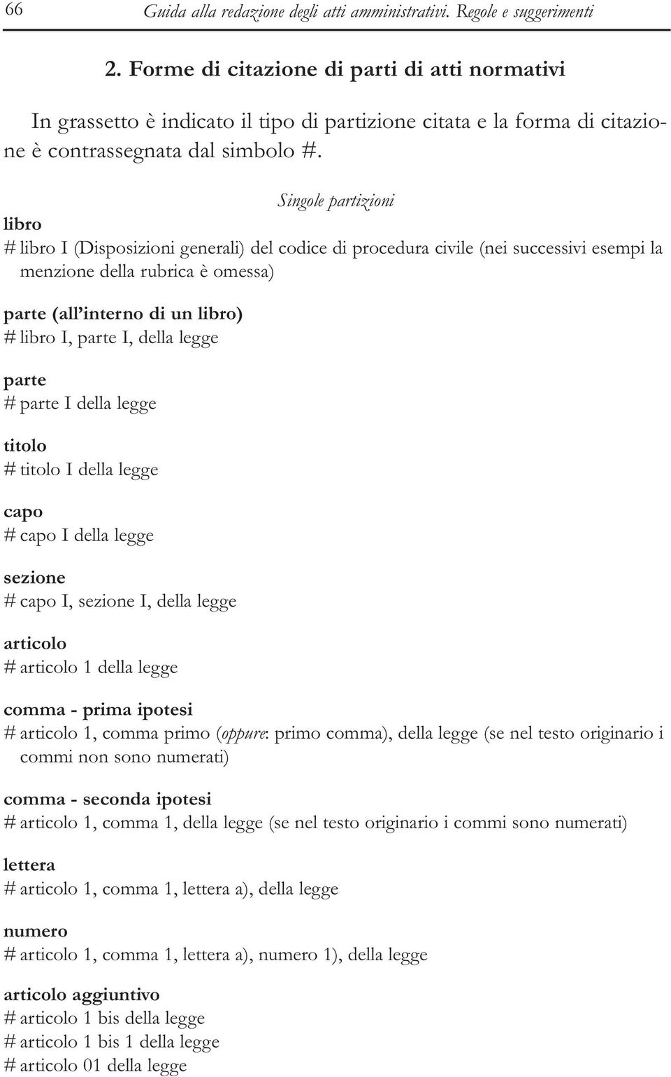 Singole partizioni libro # libro I (Disposizioni generali) del codice di procedura civile (nei successivi esempi la menzione della rubrica è omessa) parte (all interno di un libro) # libro I, parte