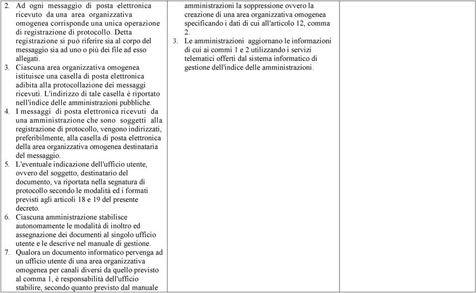 Ciascuna area organizzativa omogenea istituisce una casella di posta elettronica adibita alla protocollazione dei messaggi ricevuti.