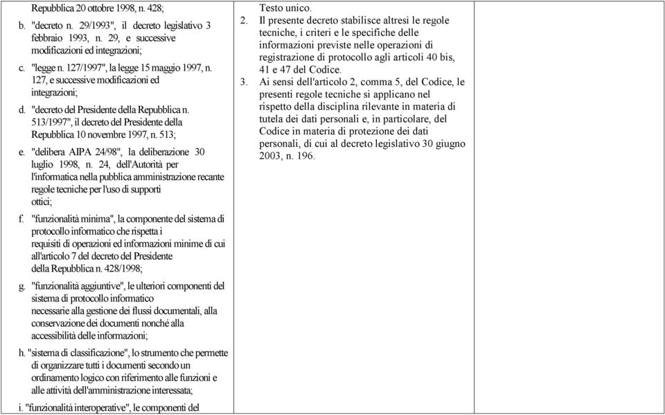 513/1997", il decreto del Presidente della Repubblica 10 novembre 1997, n. 513; e. "delibera AIPA 24/98", la deliberazione 30 luglio 1998, n.