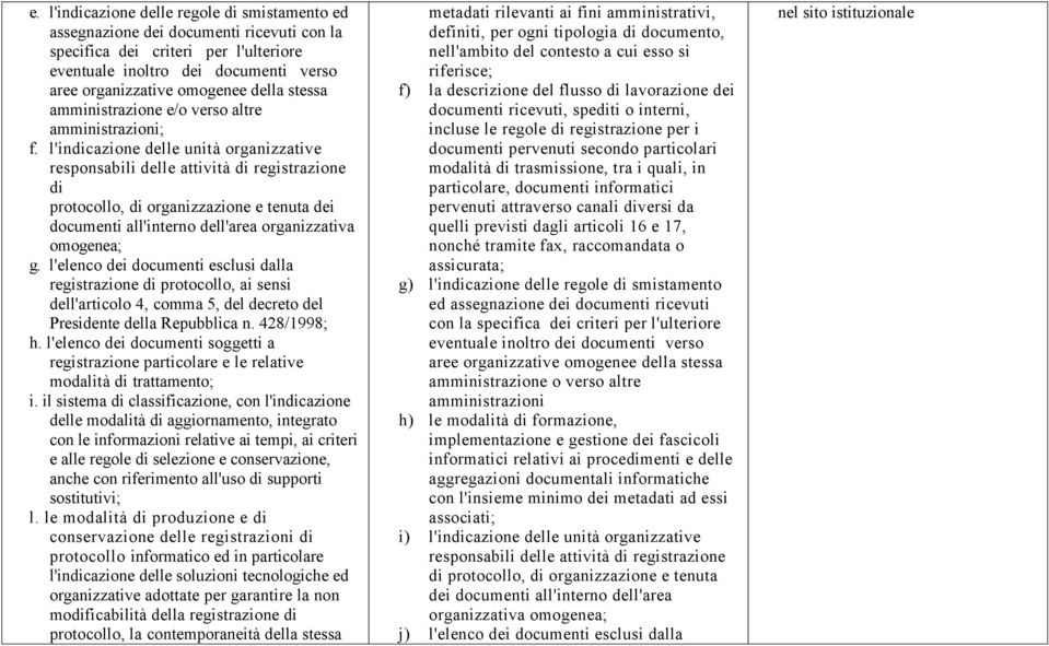 l'indicazione delle unità organizzative responsabili delle attività di registrazione di protocollo, di organizzazione e tenuta dei documenti all'interno dell'area organizzativa omogenea; g.