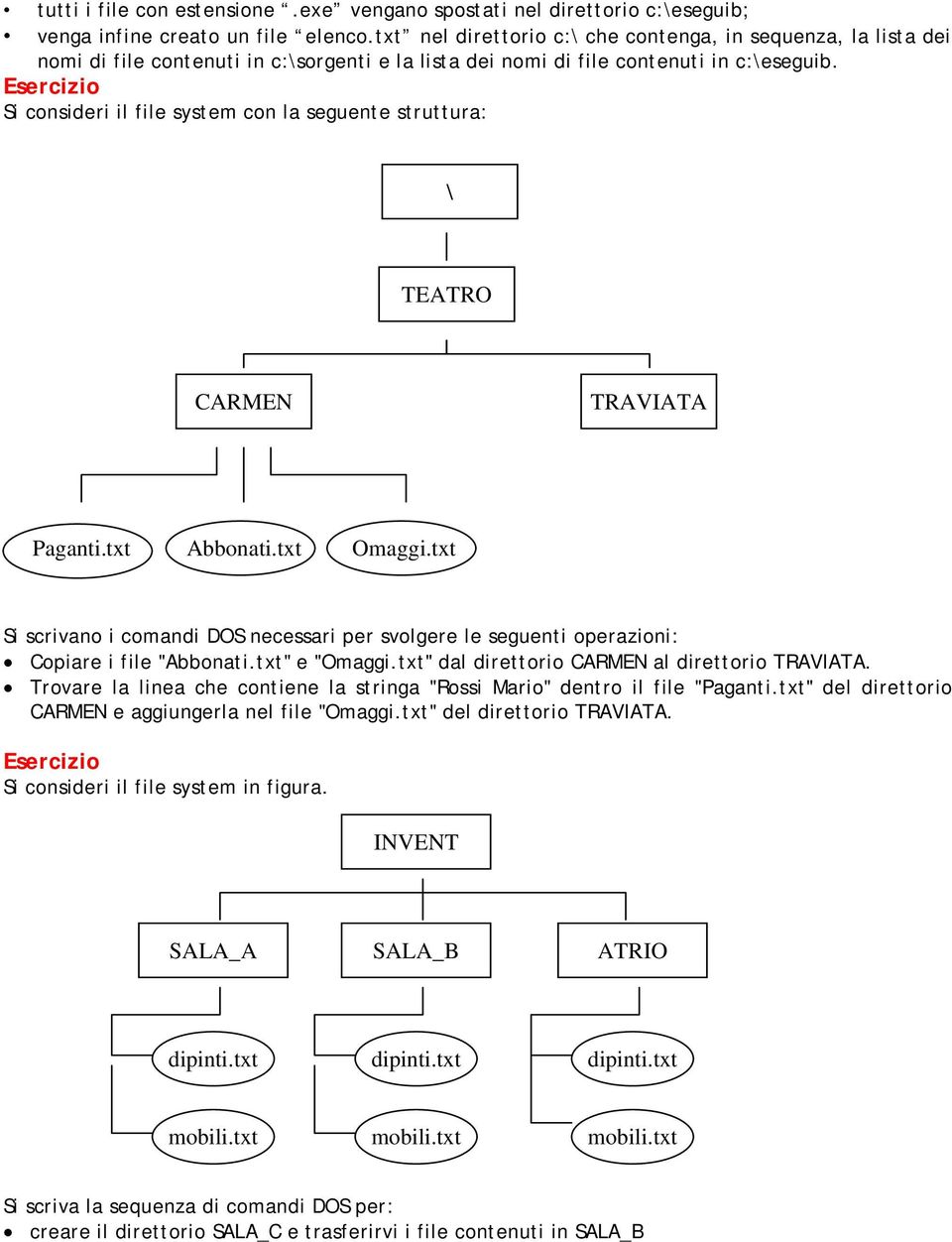 Si consideri il file system con la seguente struttura: TEATRO CARMEN TRAVIATA Paganti.txt Abbonati.txt Omaggi.