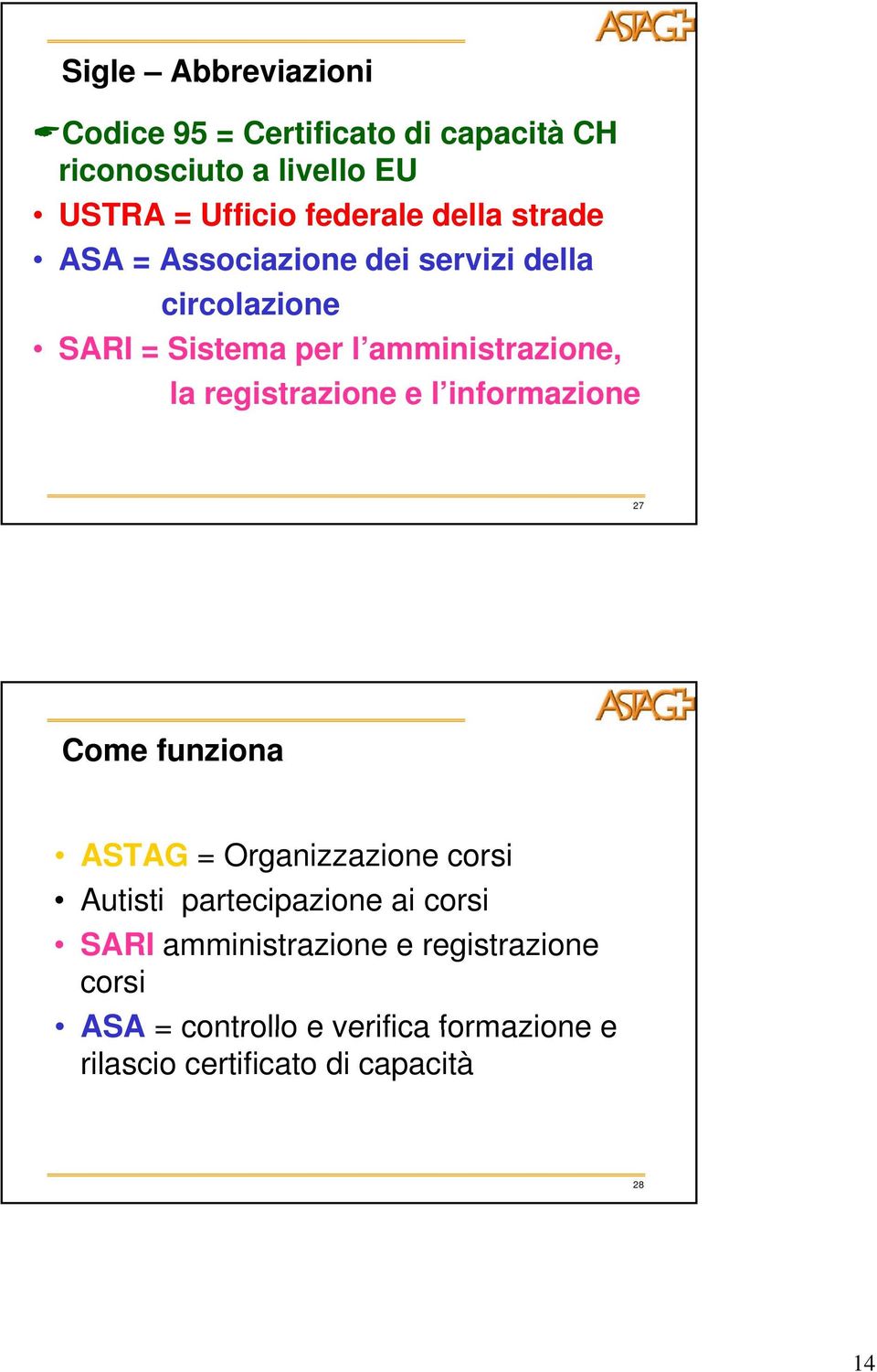 amministrazione, la registrazione e l informazione 27 Come funziona ASTAG = Organizzazione corsi Autisti