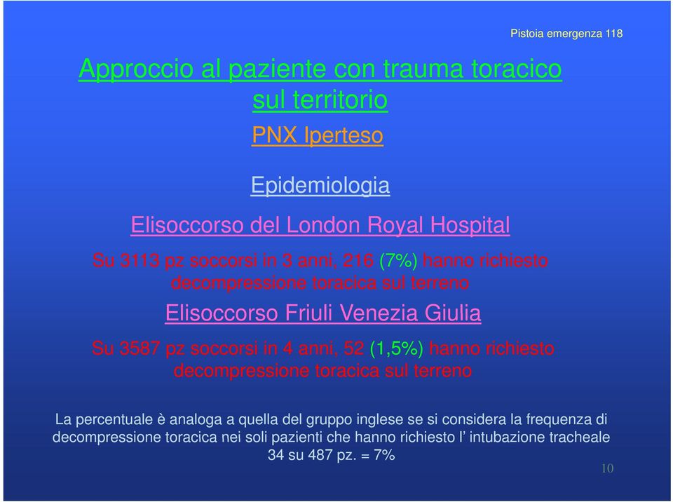 (1,5%) hanno richiesto decompressione toracica sul terreno La percentuale è analoga a quella del gruppo inglese se si