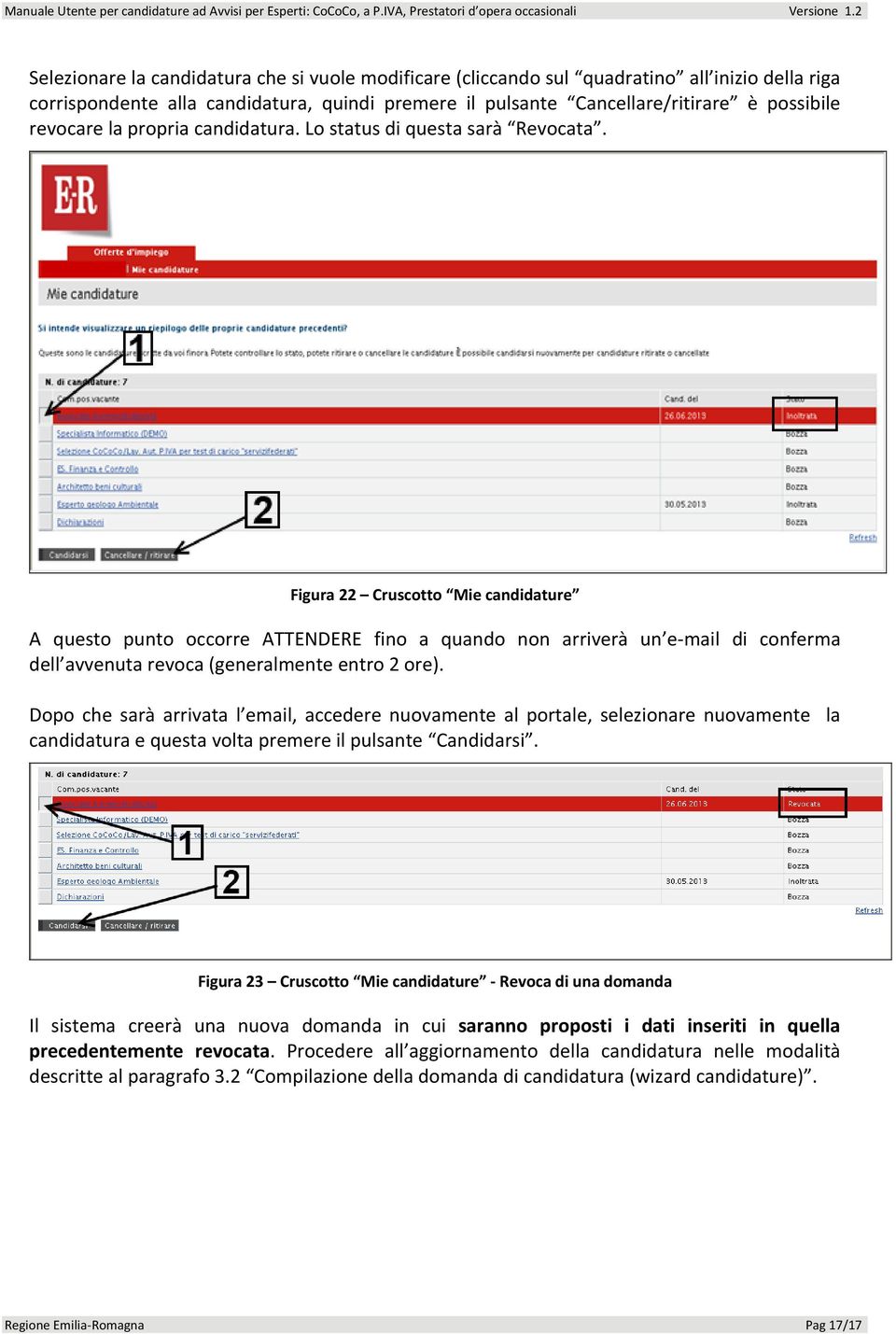 Figura 22 Cruscotto Mie candidature A questo punto occorre ATTENDERE fino a quando non arriverà un e mail di conferma dell avvenuta revoca (generalmente entro 2 ore).