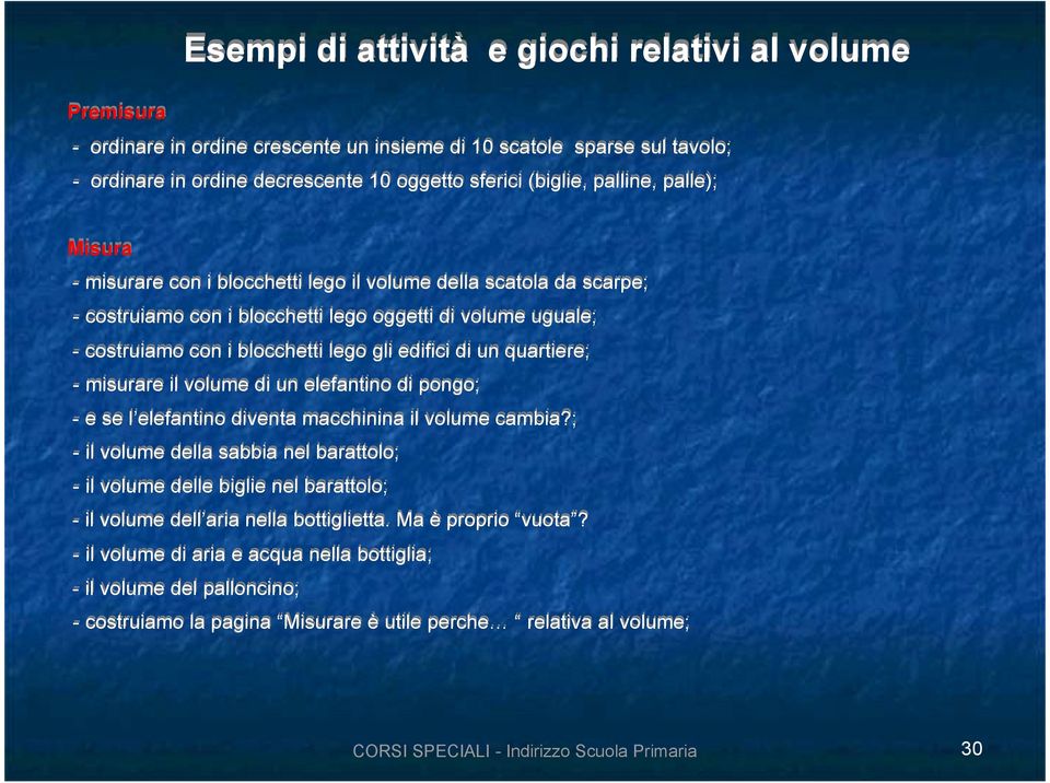 costruiamo con i blocchetti lego gli edifici di un quartiere; - misurare il volume di un elefantino di pongo; - e se l elefantino diventa macchinina il volume cambia?