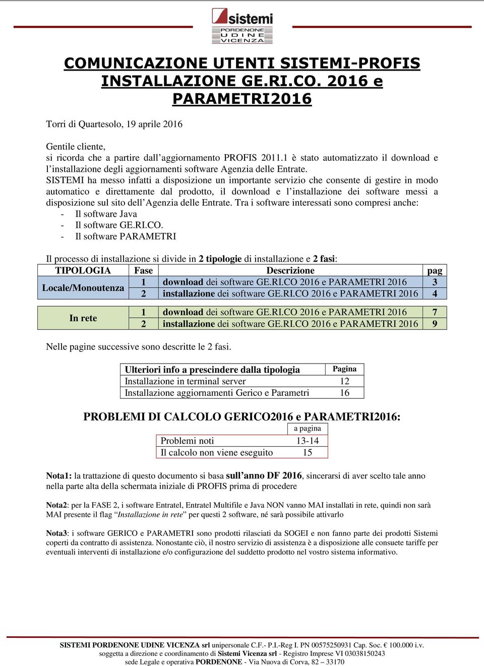 INSTALLAZIONE GE.RI.CO. 2016 e PARAMETRI2016 Torri di Quartesolo, 19 aprile 2016 Gentile cliente, si ricorda che a partire dall aggiornamento PROFIS 2011.