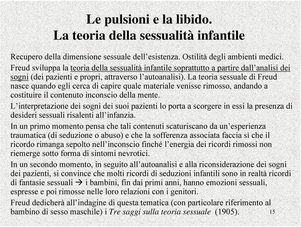 La teoria sessuale di Freud nasce quando egli cerca di capire quale materiale venisse rimosso, andando a costituire il contenuto inconscio della mente.