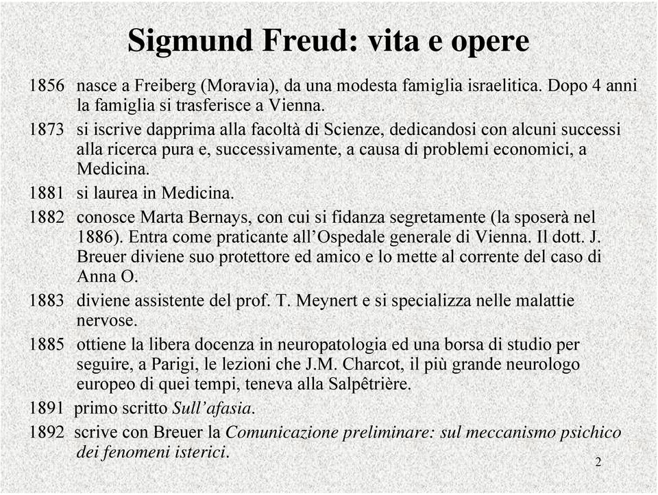 1882 conosce Marta Bernays, con cui si fidanza segretamente (la sposerà nel 1886). Entra come praticante all Ospedale generale di Vienna. Il dott. J.