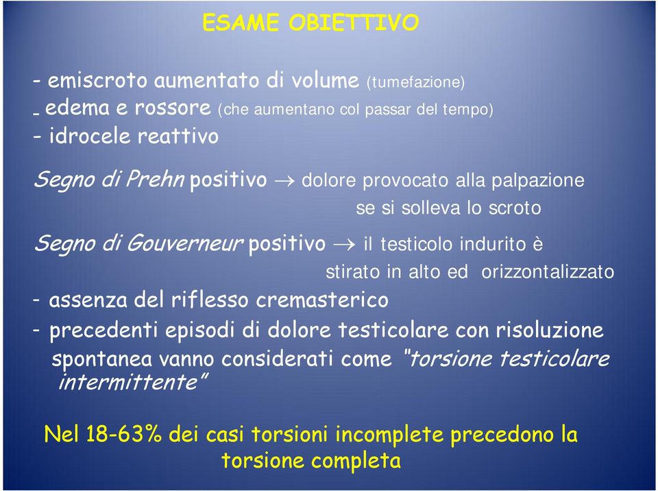 indurito è stirato in alto ed orizzontalizzato - assenza del riflesso cremasterico - precedenti episodi di dolore testicolare con