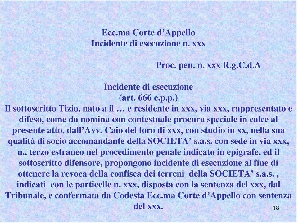 , terzo estraneo nel procedimento penale indicato in epigrafe, ed il sottoscritto difensore, propongono incidente di esecuzione al fine di ottenere la revoca della confisca dei terreni della