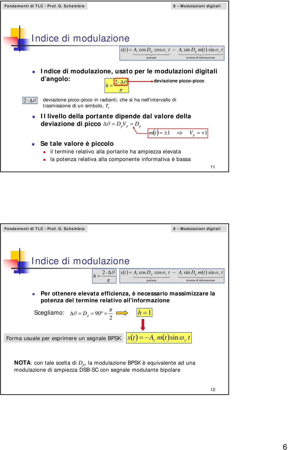 deviazione pio-pio π Δθ deviazione pio-pio in radianti, he si ha nell intervallo di trasmissione di un simolo, T s Il livello della portante dipende dal valore della deviazione di pio Δθ = D pv p =