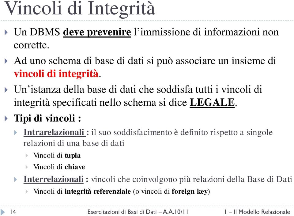 Un istanza della base di dati che soddisfa tutti i vincoli di integrità specificati nello schema si dice LEGALE.