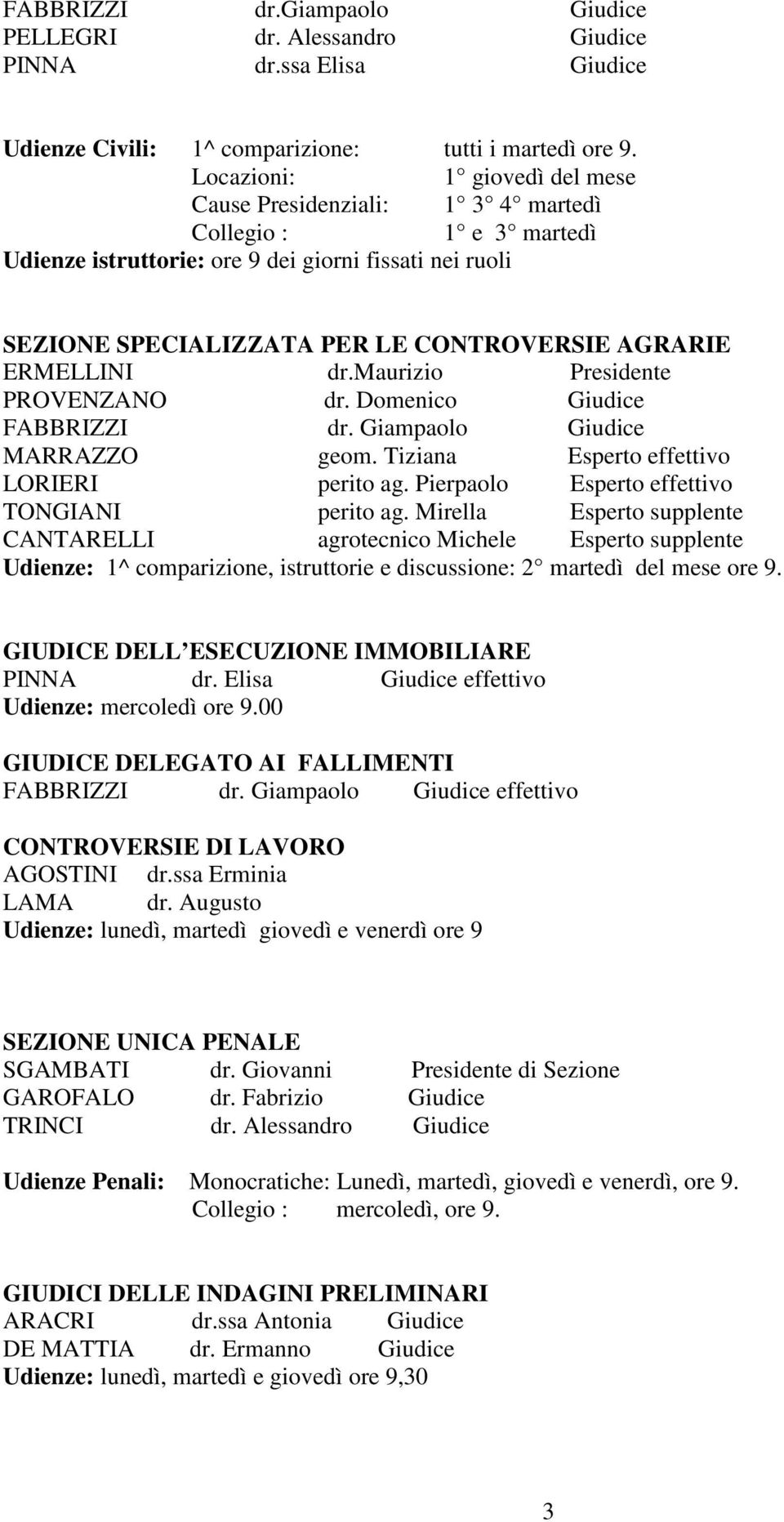 ERMELLINI dr.maurizio Presidente PROVENZANO dr. Domenico Giudice FABBRIZZI dr. Giampaolo Giudice MARRAZZO geom. Tiziana Esperto effettivo LORIERI perito ag.