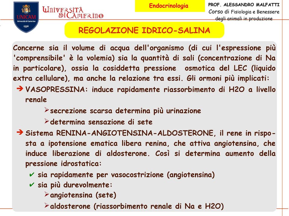 Gli ormoni più implicati: VASOPRESSINA: induce rapidamente riassorbimento di H2O a livello renale secrezione scarsa determina più urinazione determina sensazione di sete Sistema