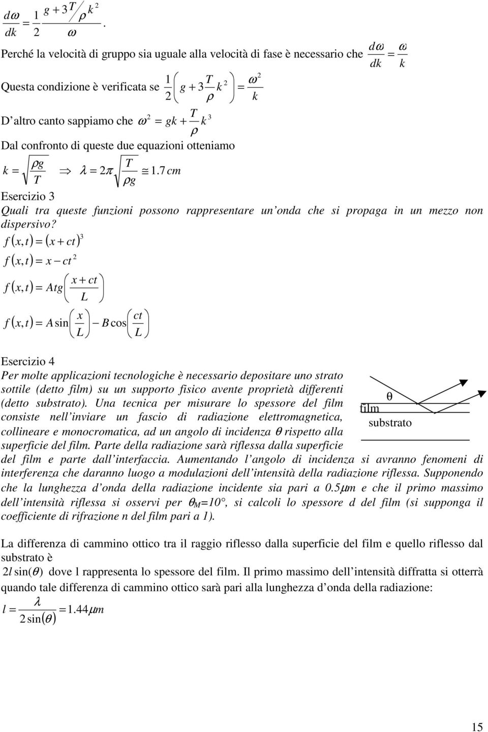 otteamo dω ω dk k ρg T k λ π. 7cm T ρg Eserczo 3 Qual tra queste fuzo possoo rappresetare u oda che s propaga u mezzo o dspersvo?